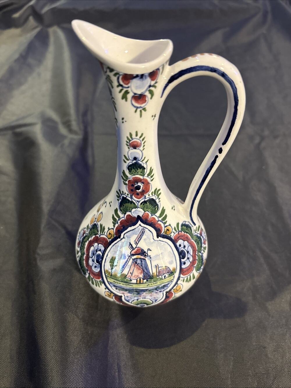 Vintage 9" Tall Delft Polychrome Ceramic Pitcher - Hand Painted Holland Windmill